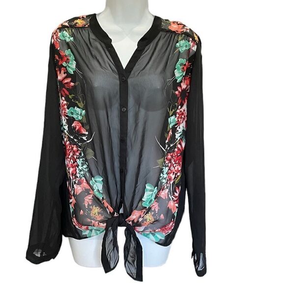 Worthington loose fit sheer floral front tie long sleeve, button front tunic. - Picture 10 of 10